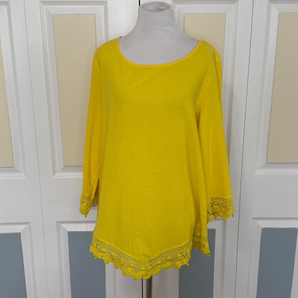 Soft Surroundings Yellow Relaxed 3/4 Sleeve Tunic‎ Crochet Hem and Cuffs Sz M
